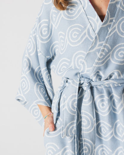 Detail of side pockets on premium bamboo kimono - Blue
