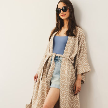 Front of View Lightweight bamboo viscose dressing gown with belt - Sand