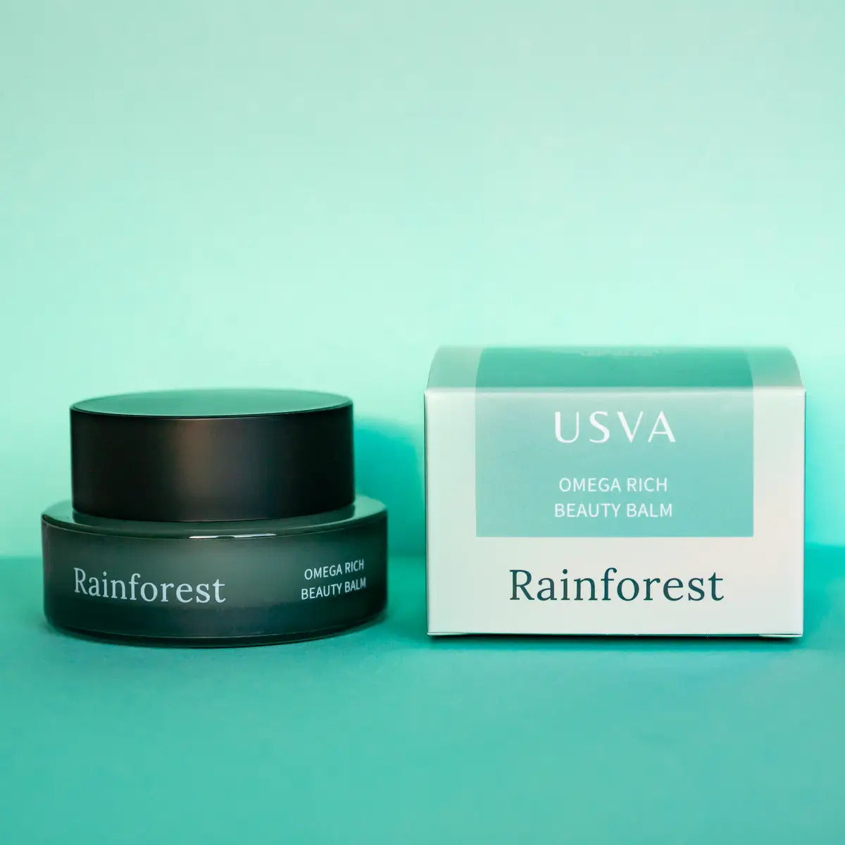 Packaging of USVA Cosmetics Rainforest Omega Rich Beauty Balm in a 30ml jar.