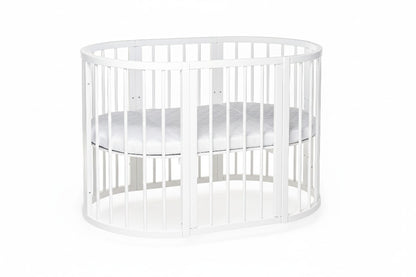 Front perspective of the unique white round nursery bed for newborns - Level 2 -