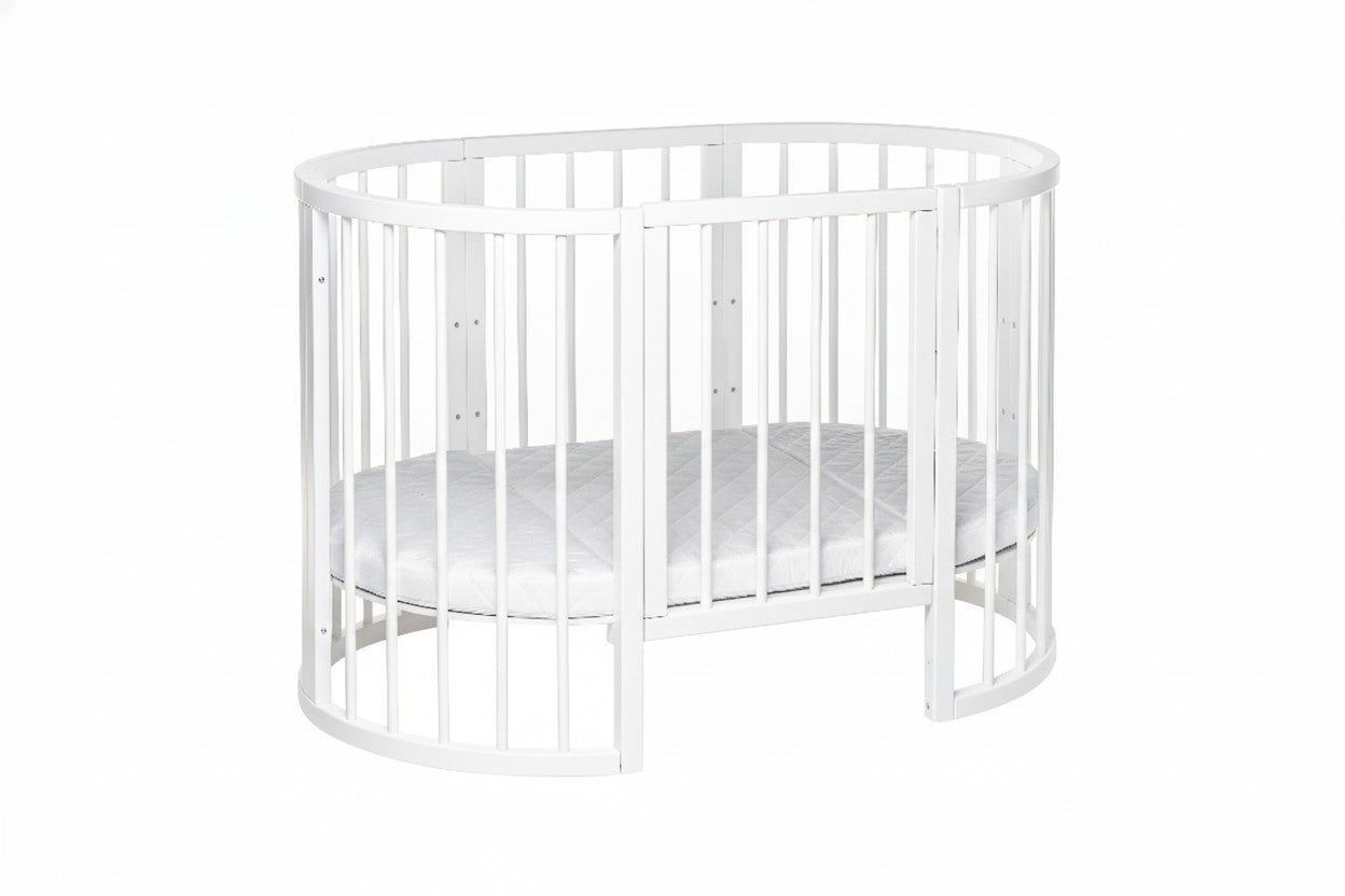 KOTTO Olin white round baby crib bundle with custom 3-piece mattress - level 1 -