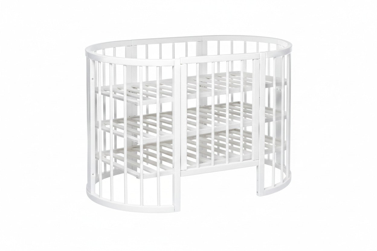 KOTTO Olin space-saving round baby crib in a clean white finish - Levels -