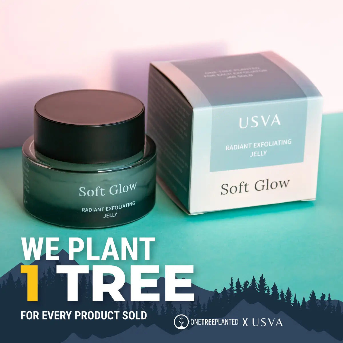 We plant 1 tree plan, 50ml packaging of USVA Cosmetics Soft Glow Radiant Exfoliating Jelly.