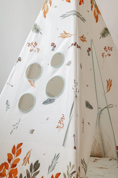 Close-up of the reinforced stitching and woodland animal pattern on the Forest Friends teepee