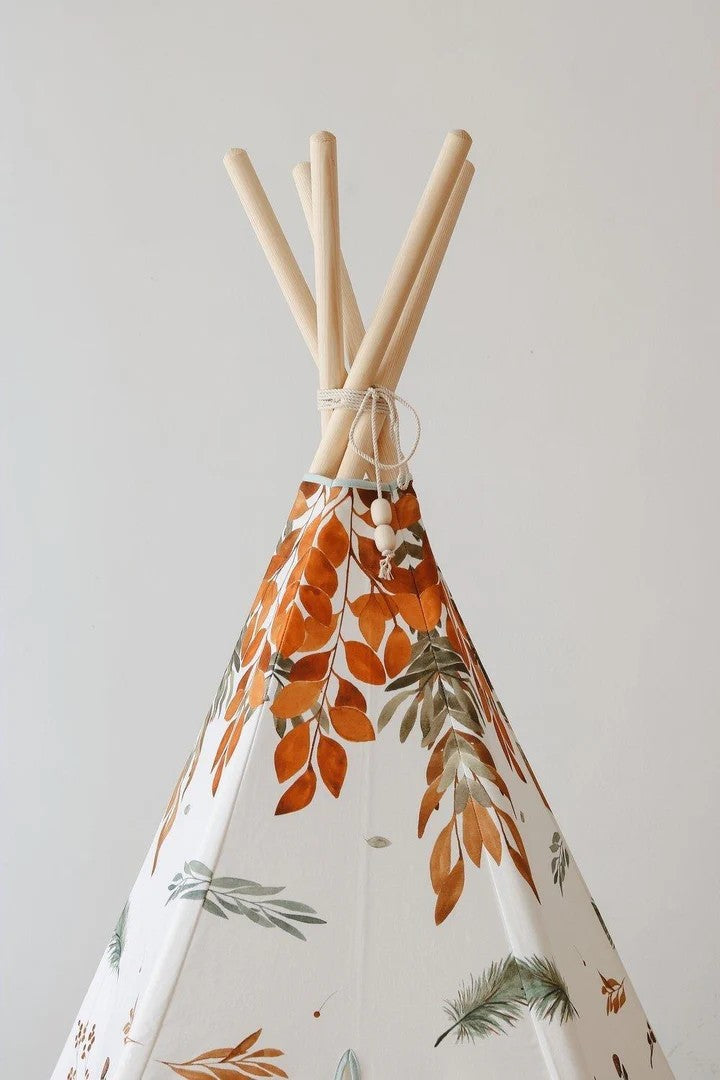 Close-up of the reinforced stitching and natural pine wood structure of the Forest Friends tent 