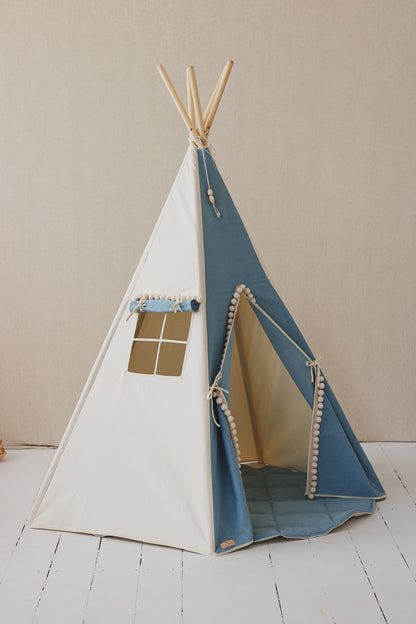 Moi Mili Jeans Teepee Tent - High-quality soft blue denim play tent with cream pompoms