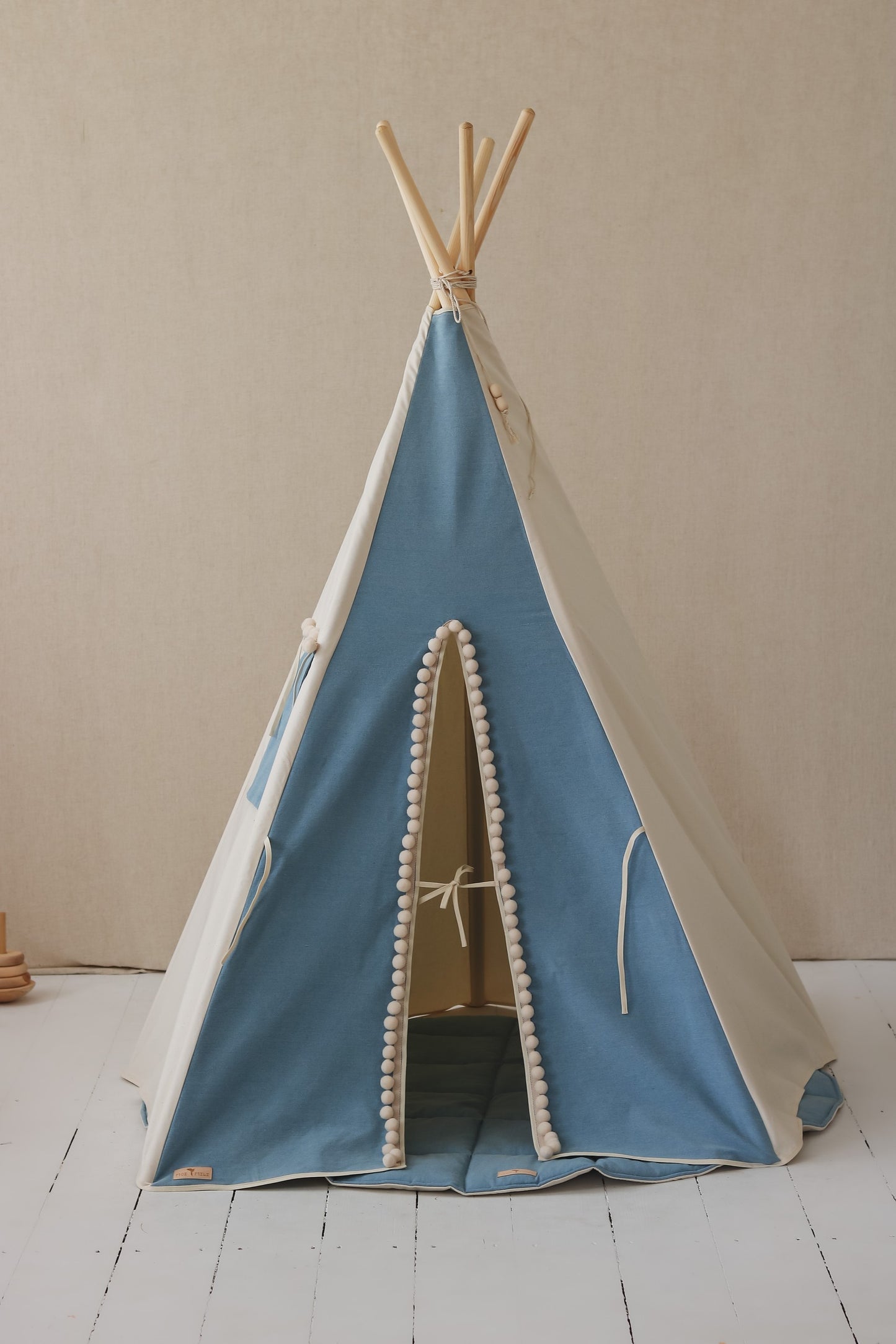 Handmade in Poland: OEKO-TEX certified soft denim cotton teepee with natural pine poles