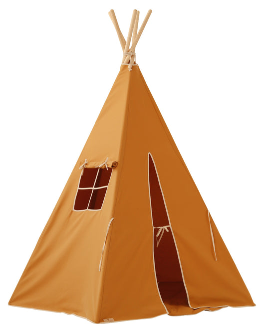 Moi Mili Ochre Teepee Tent - High-quality mustard yellow cotton play tent with pine poles
