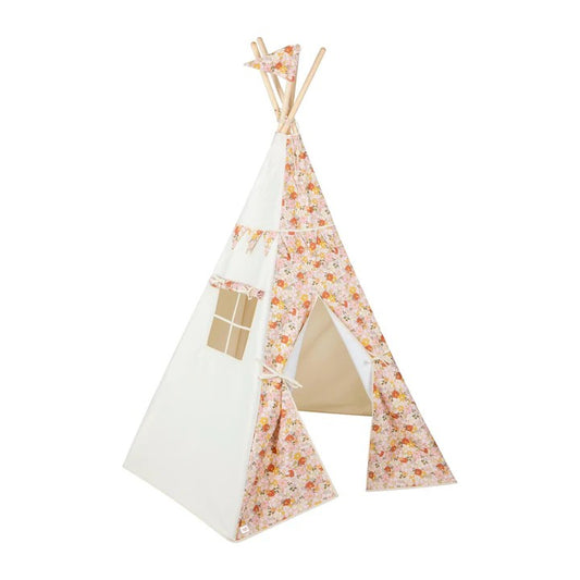 Moi Mili Spring Garden Teepee Tent - High-quality floral cotton play tent with pine wood poles