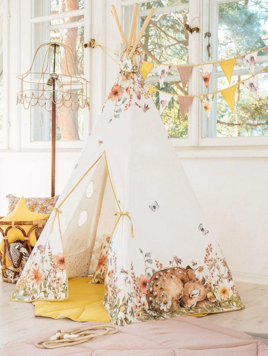 Moi Mili Wildflowers Teepee Tent - High-quality rustic floral cotton play tent with pine poles