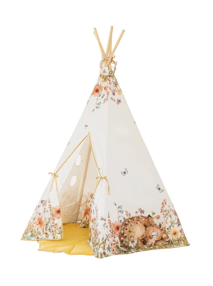 Side view Moi Mili Wildflowers Teepee Tent - High-quality rustic floral cotton play tent with pine poles