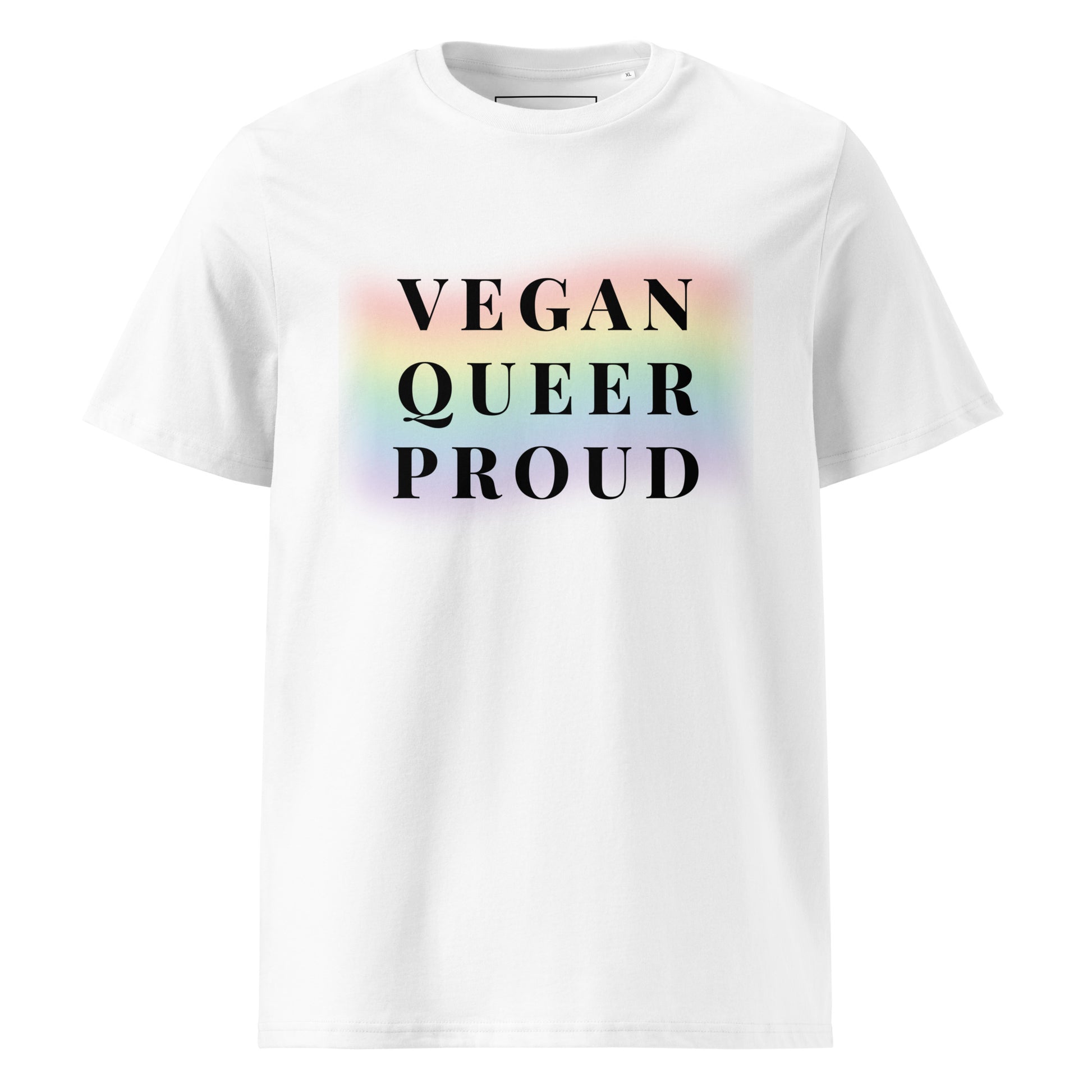 Main front view of the premium organic cotton t-shirt, featuring the "Vegan queer proud" graphic on the chest.