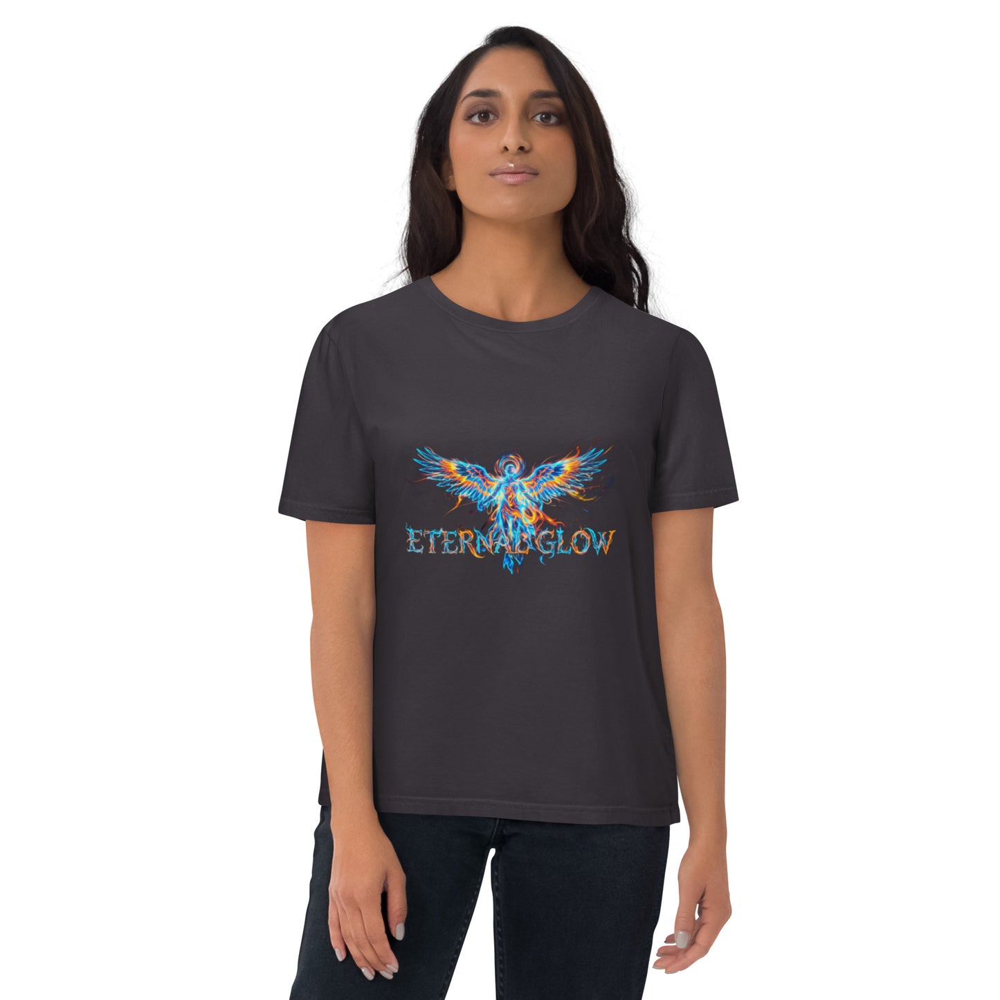 Female model wearing the Eternal Glow organic cotton t-shirt, front view. anthracite