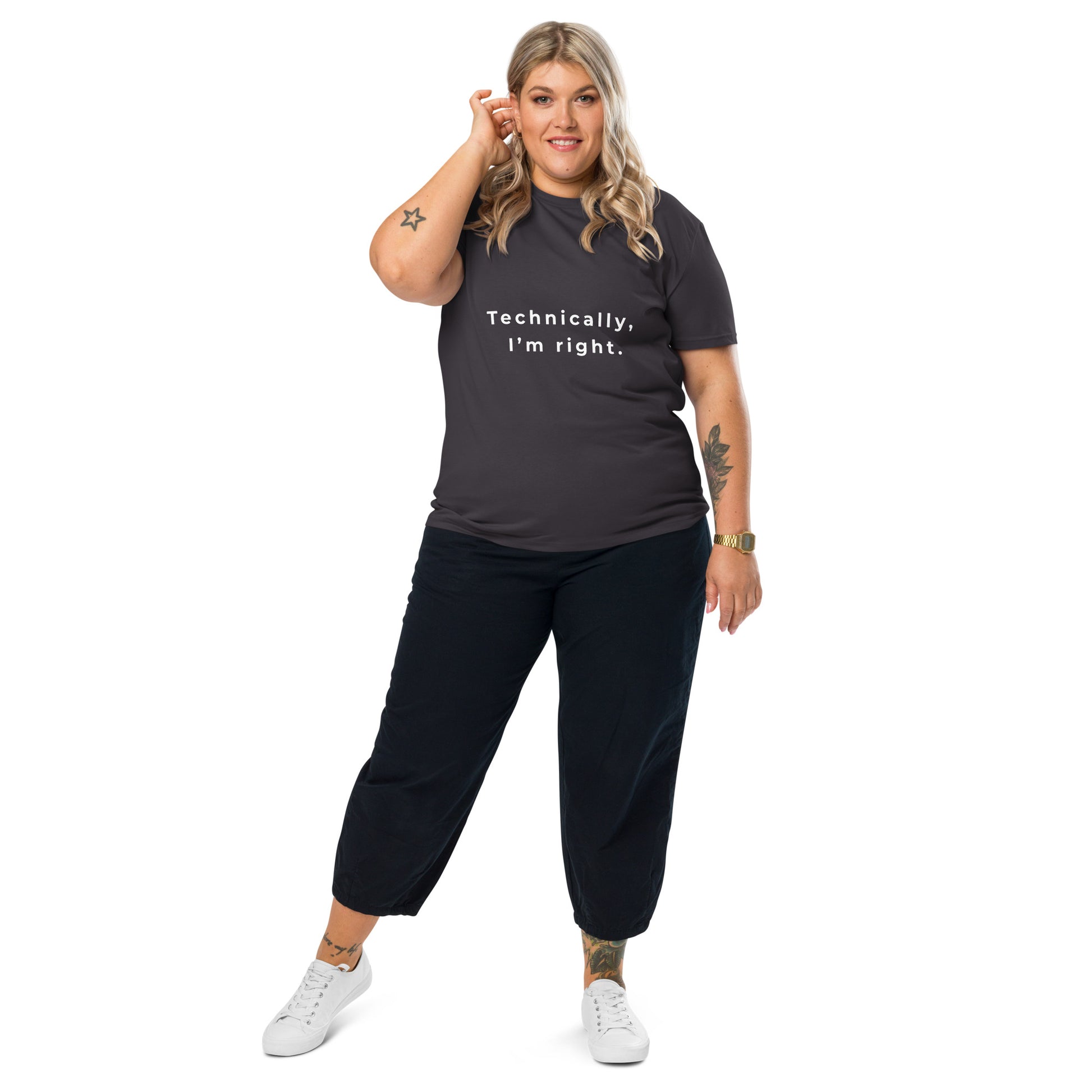 Female model wearing the Technically I'm right organic cotton t-shirt, front view. antharacite