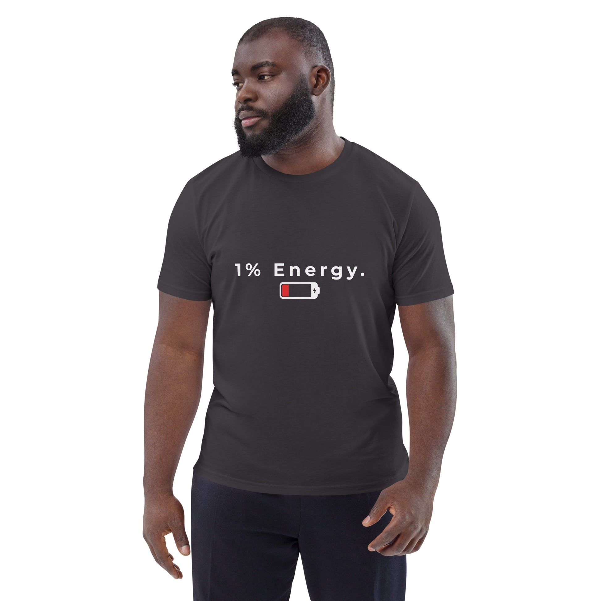 Male model wearing the unisex 1% Energy organic cotton t-shirt, front view. anthracite