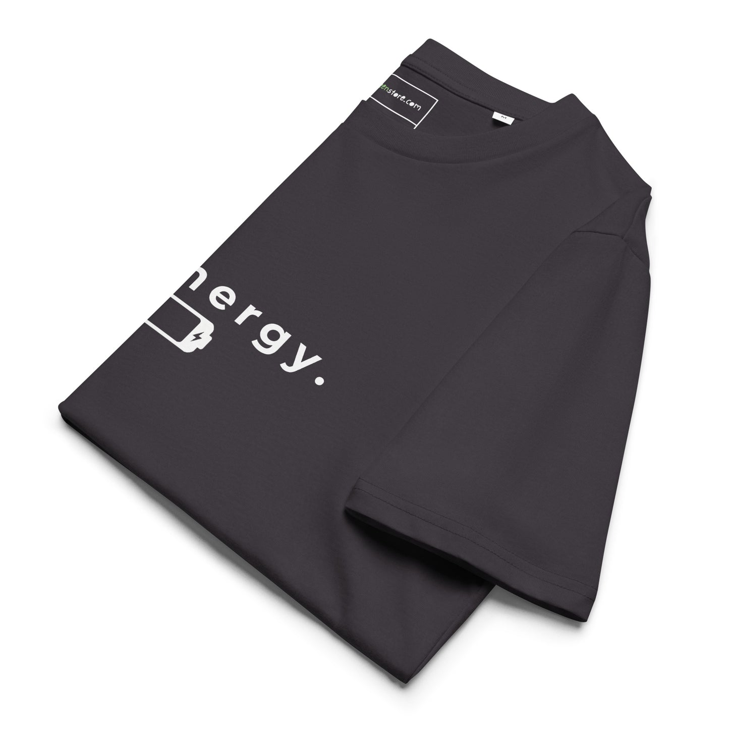 Side view of the neatly folded 1% Energy vegan t-shirt showing fabric thickness. anthracite