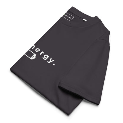 Side view of the neatly folded 1% Energy vegan t-shirt showing fabric thickness. anthracite