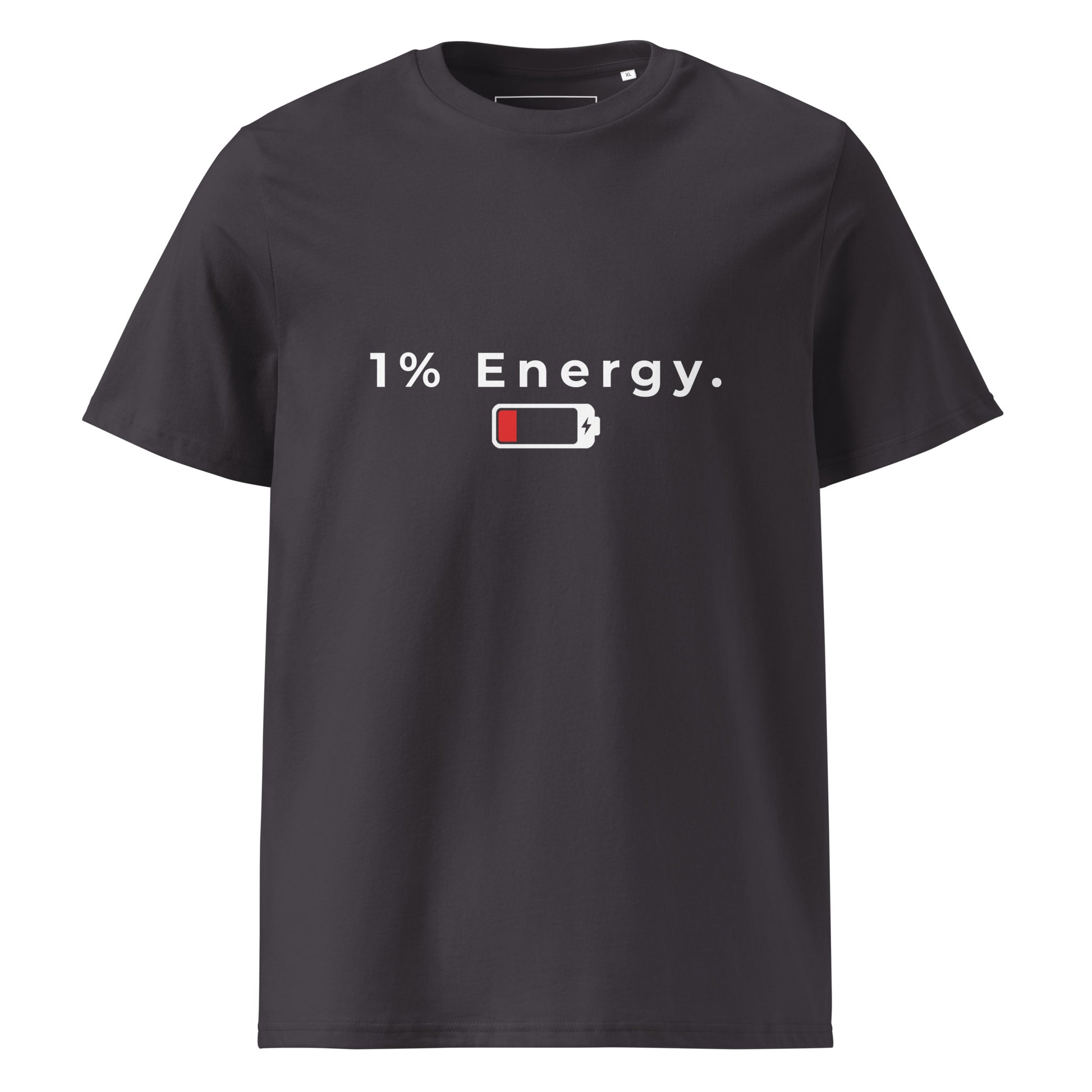 Flat lay front view of the 1% Energy organic cotton t-shirt. anthracite