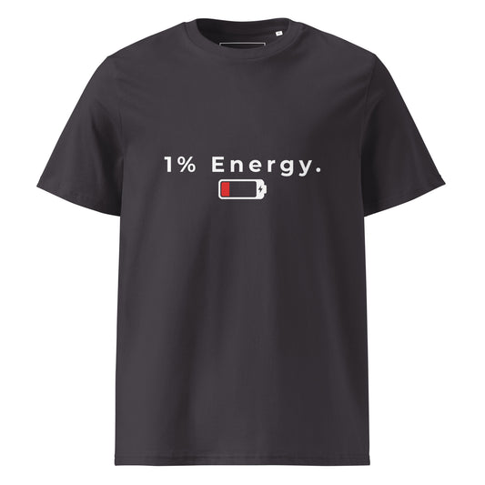Flat lay front view of the 1% Energy organic cotton t-shirt. anthracite