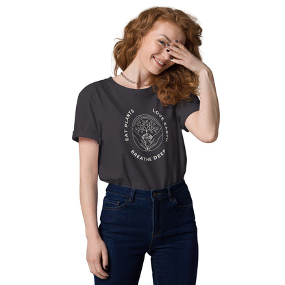 Female model wearing the sustainable "Love Earth" vegan t-shirt in Anthracite, highlighting the eco-friendly graphic and premium ring-spun cotton drape.