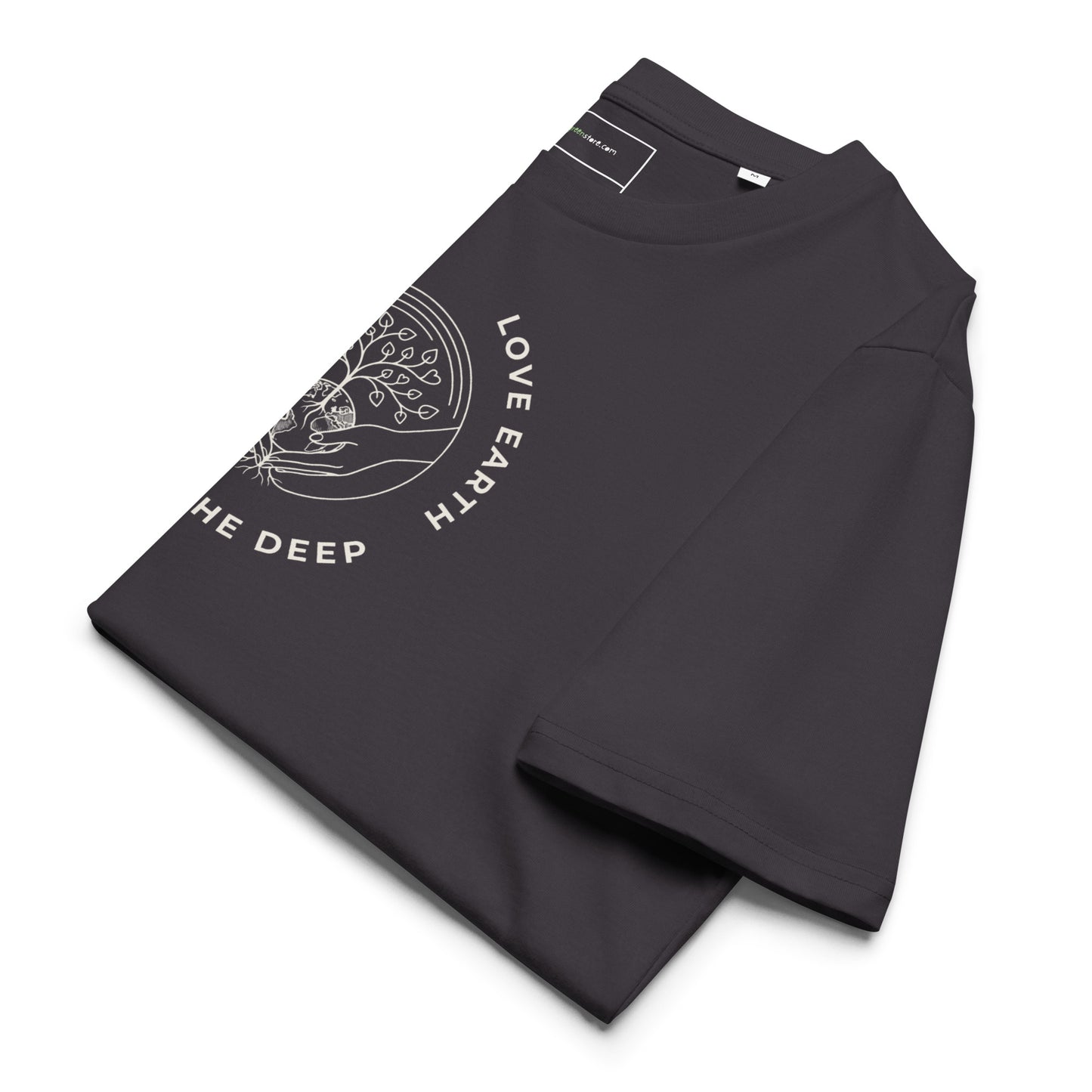 Neatly folded "Love Earth" organic ring-spun cotton t-shirt in Anthracite, displaying the soft fabric texture and the central nature-inspired design.