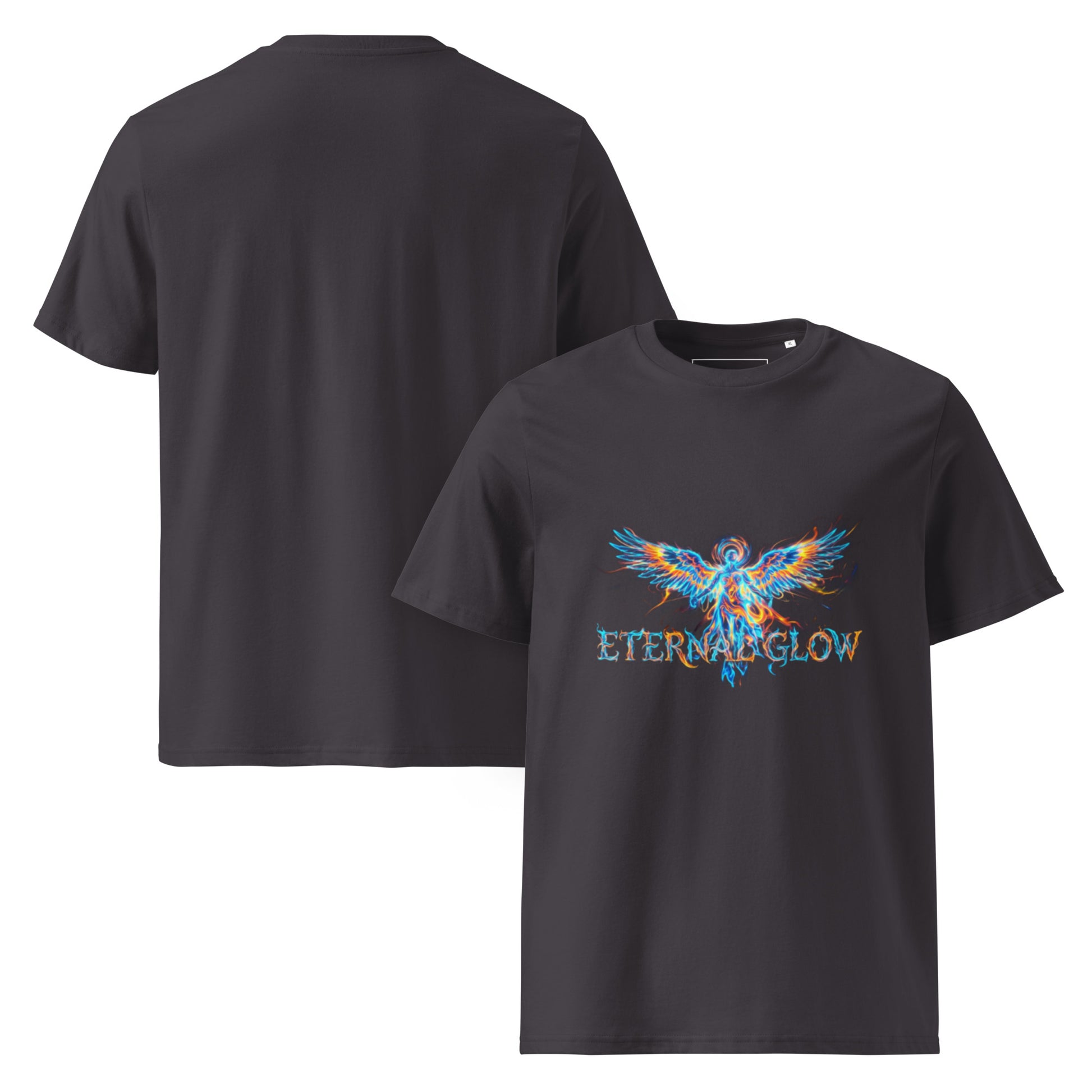 Front and Back view of the Eternal Glow organic cotton t-shirt. athracite