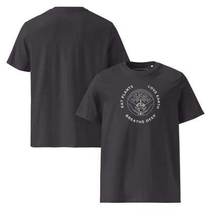 Front and Back of the premium organic cotton t-shirt in Anthracite, featuring the "Eat Plants, Love Earth, Breathe Deep" circular graphic on the chest.