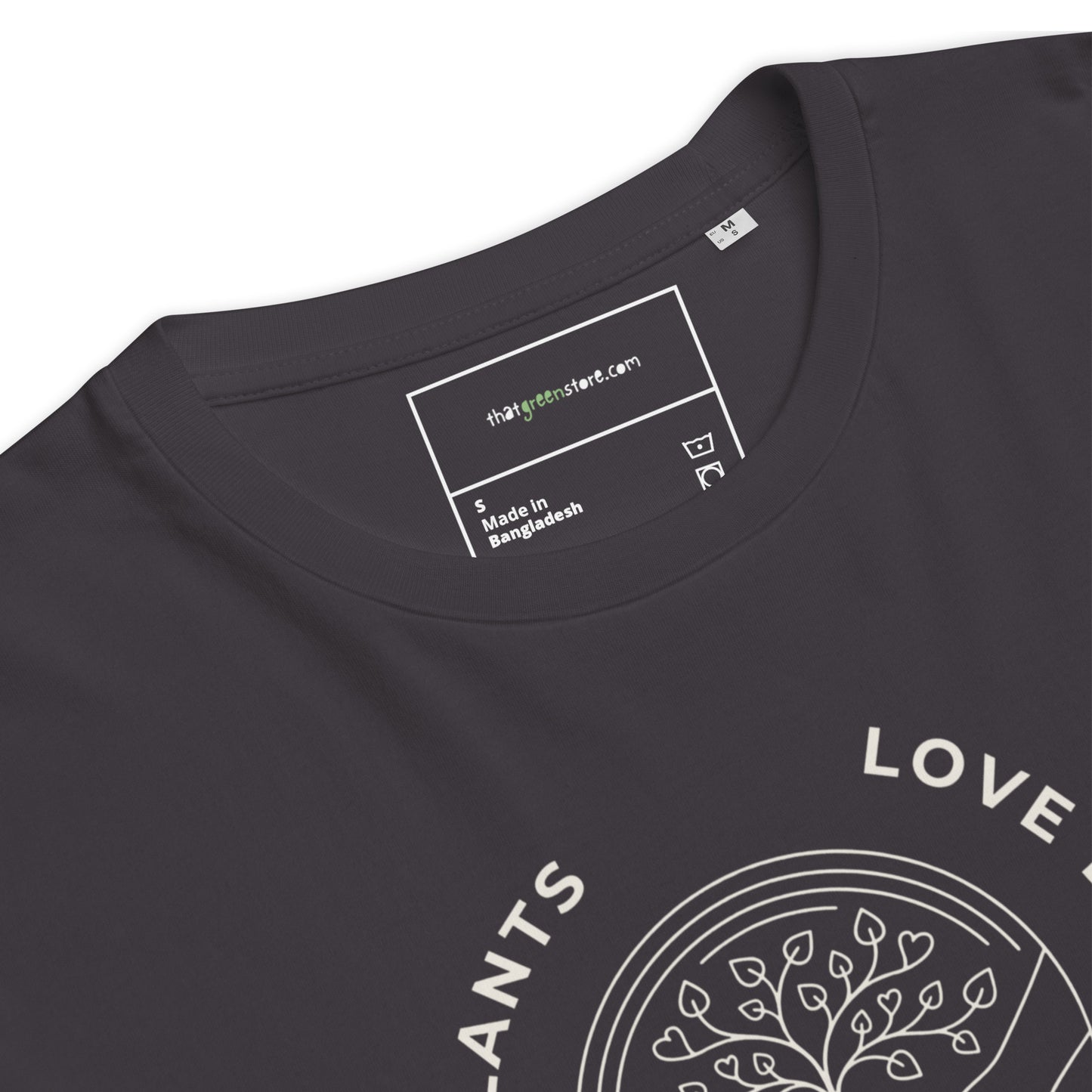 Close-up detail of the ribbed collar and custom inner neck tag on the "Love Earth" premium organic t-shirt, highlighting the high-quality stitching and neck tape. Anthracite