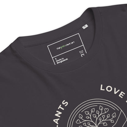 Close-up detail of the ribbed collar and custom inner neck tag on the "Love Earth" premium organic t-shirt, highlighting the high-quality stitching and neck tape. Anthracite