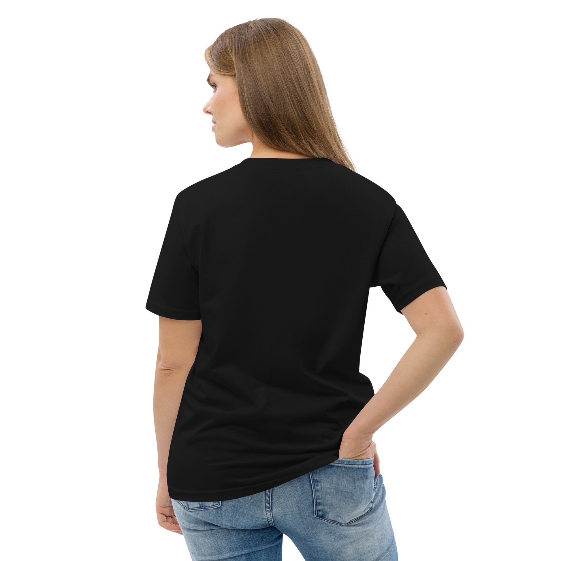 Back view of a woman in a plant-based graphic tee, showing the sleeve fit and overall modern silhouette. -black-