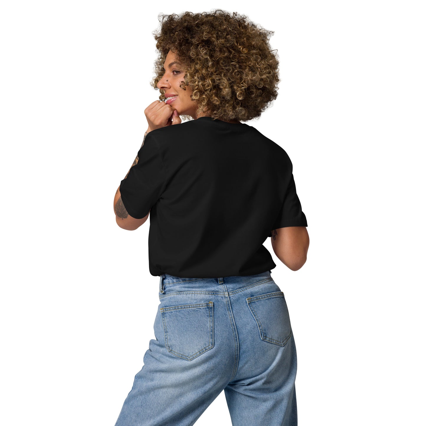 Back view of a female model wearing the Maybe Later eco-friendly t-shirt. black