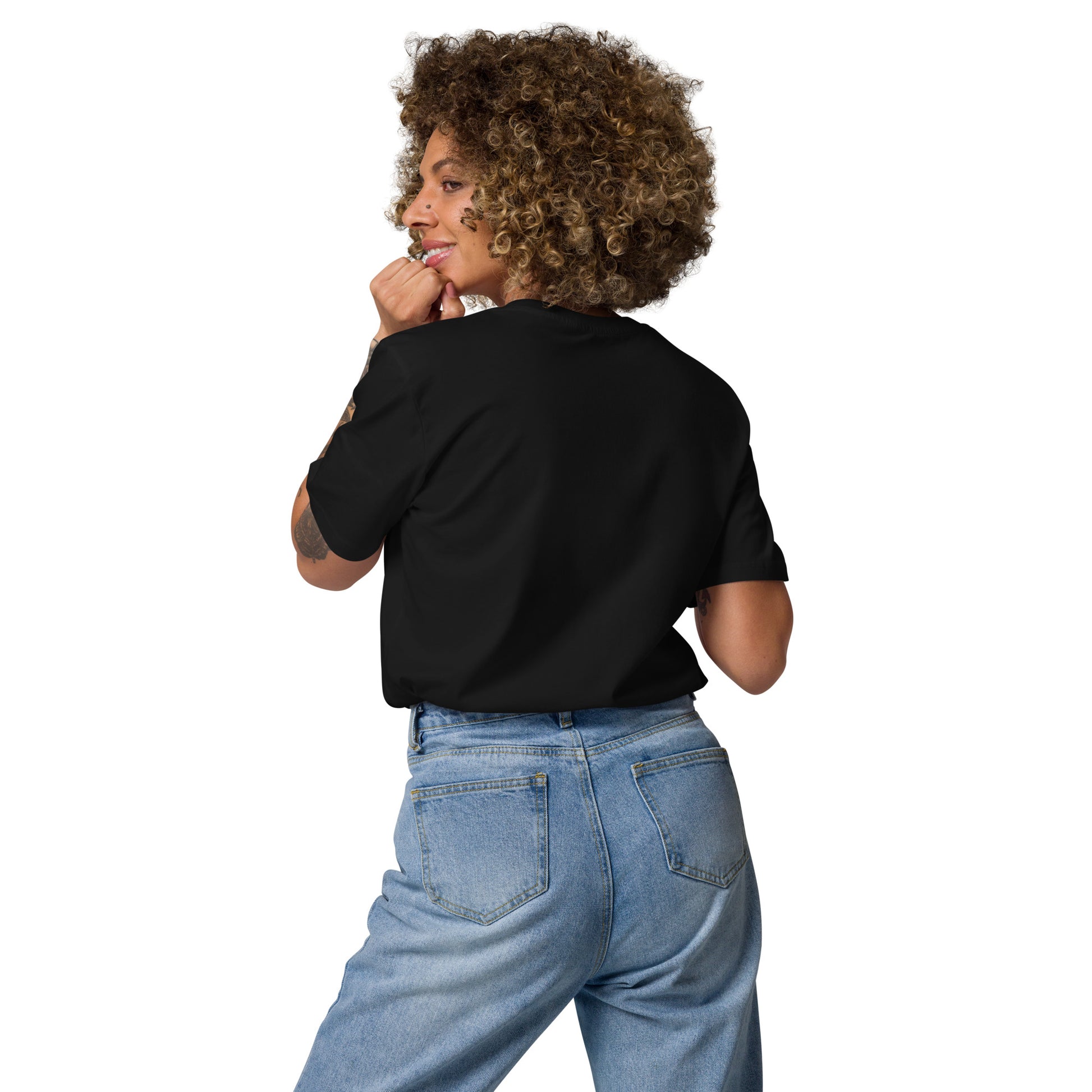 Back view of a female model wearing the Maybe Later eco-friendly t-shirt. black