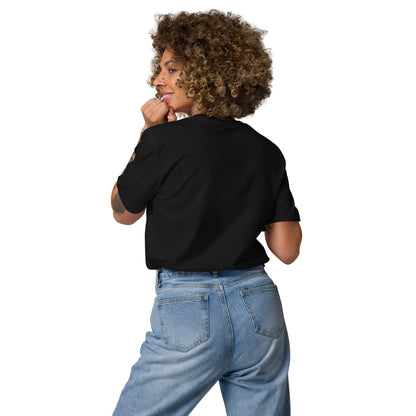 Back view of a female model wearing the Maybe Later eco-friendly t-shirt. black