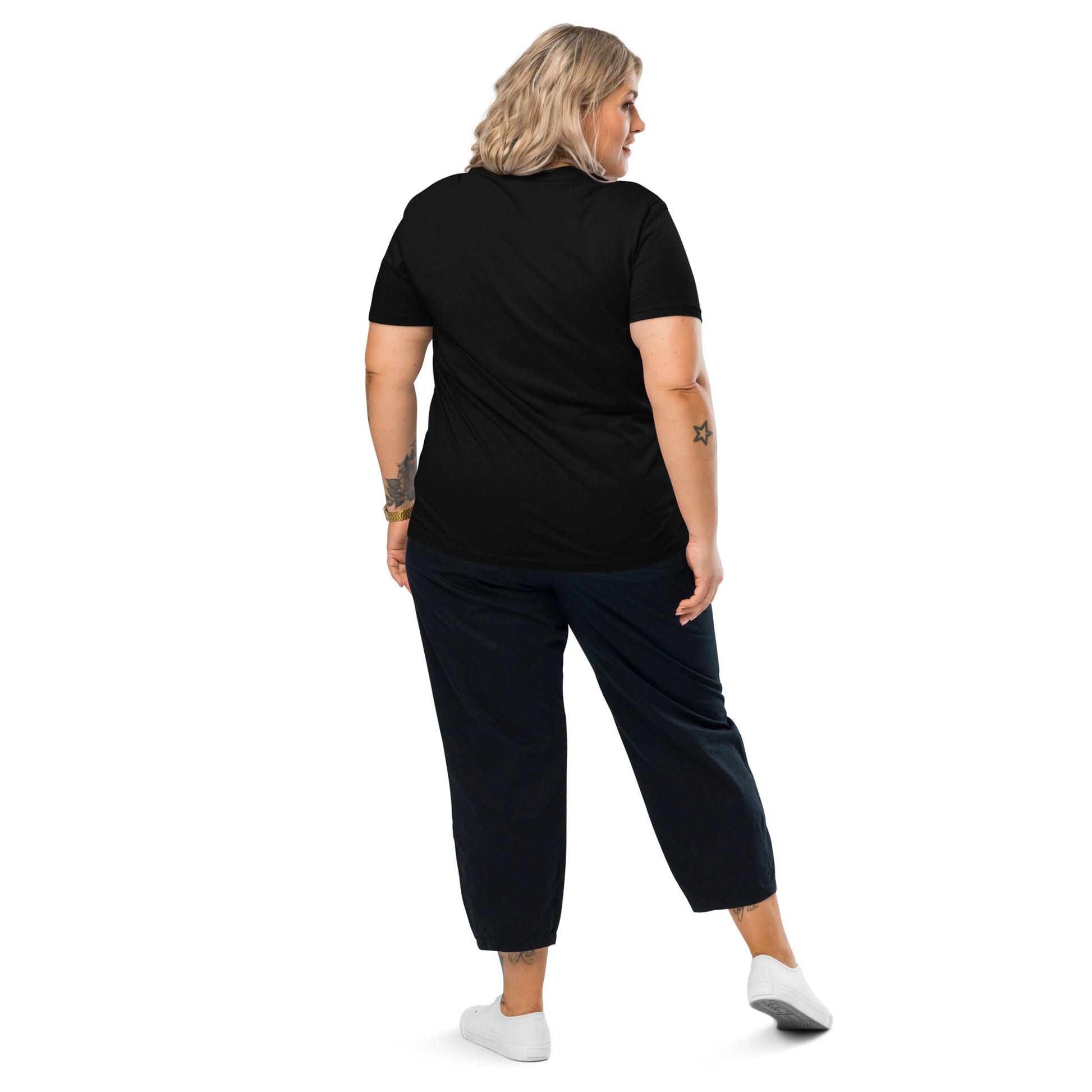Female model wearing the funny Maybe Later organic cotton t-shirt, back view. black