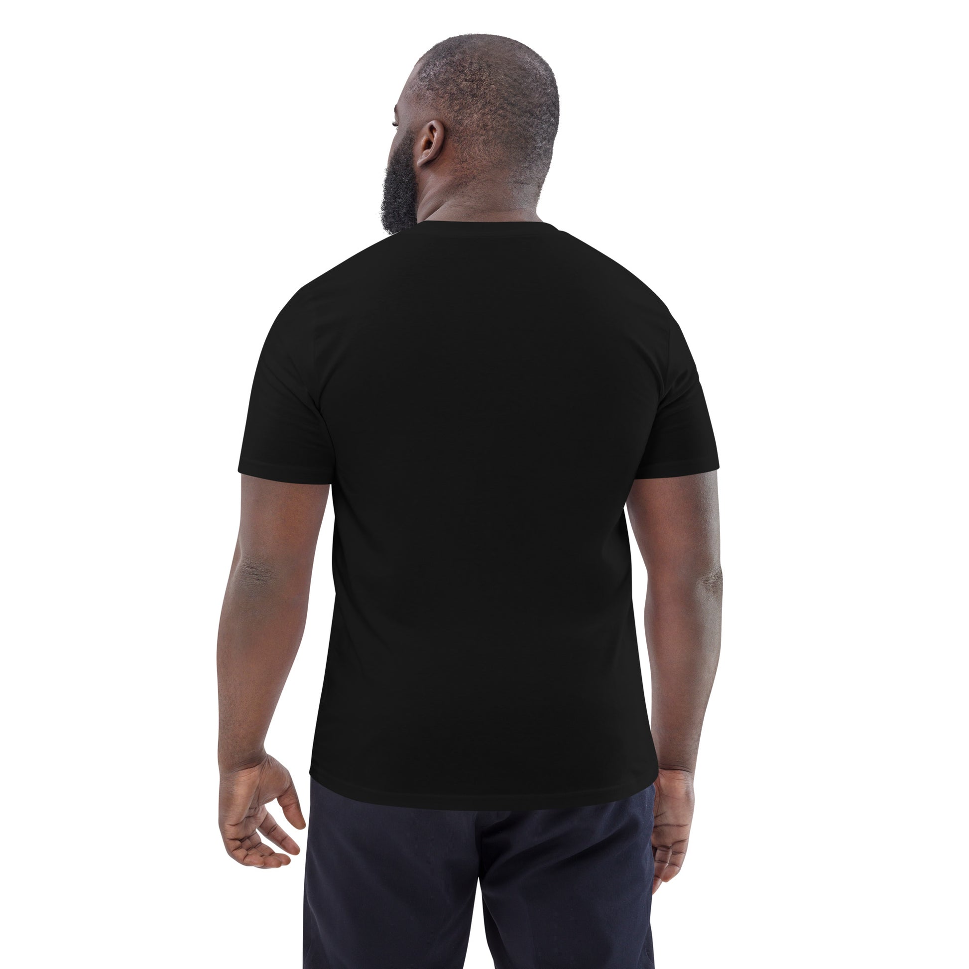 Back view of a male model wearing the 1% Energy eco-friendly t-shirt. black
