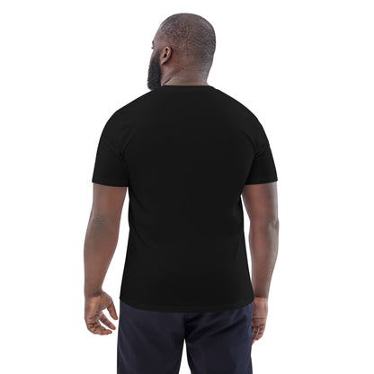 Back view of a male model wearing the 1% Energy eco-friendly t-shirt. black