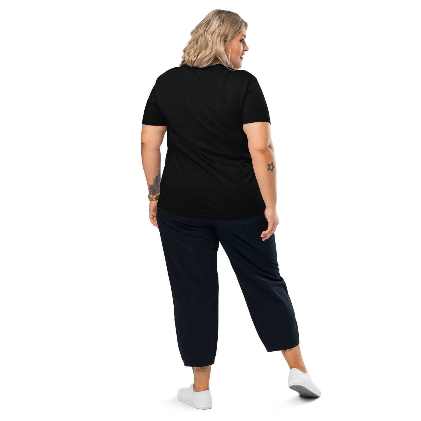 Back view of Female model wearing the classic black Hail Seitan graphic t-shirt by That Green Store, featuring a dark aesthetic ivory vegan print.