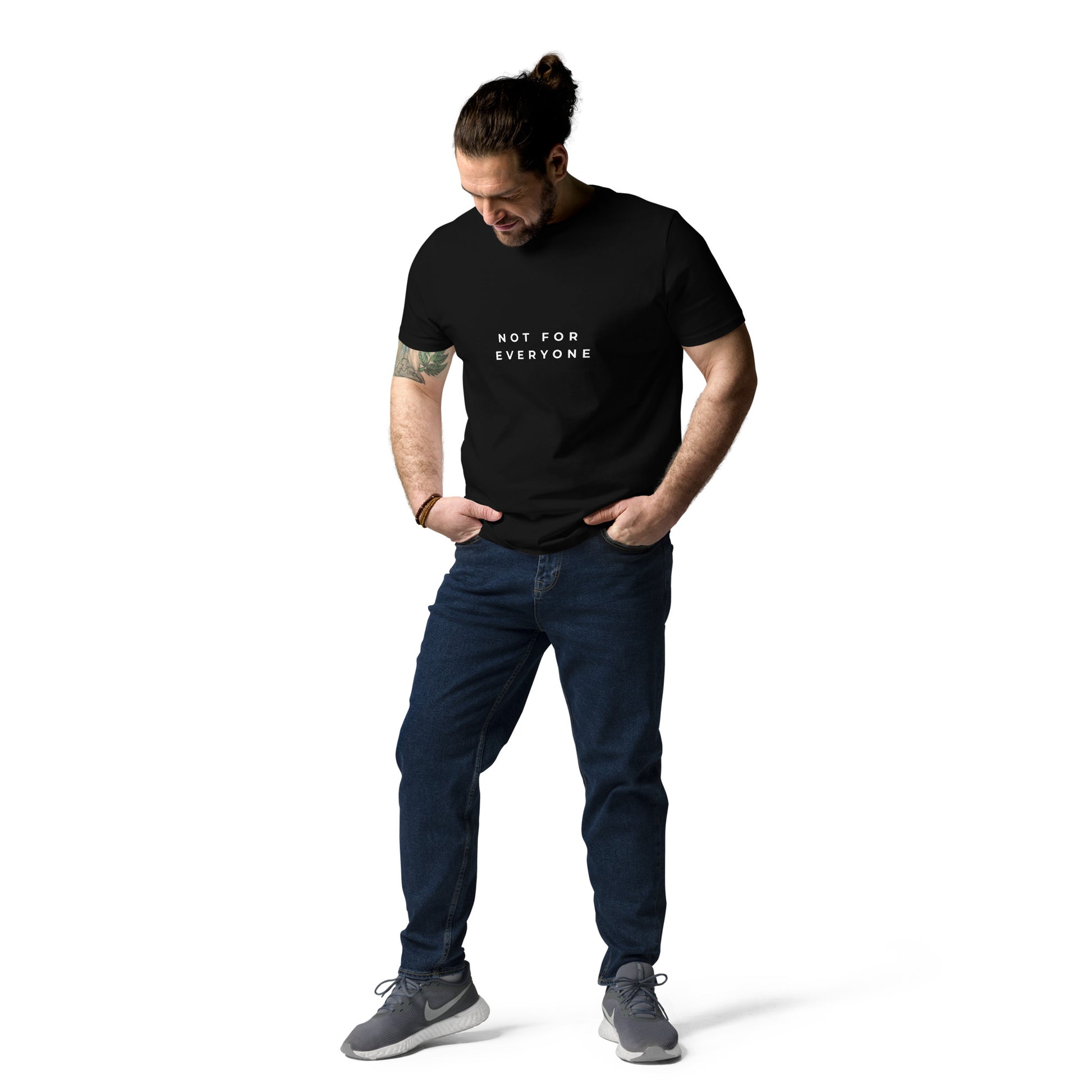 Complete view of Male model wearing the Not for Everyone organic cotton t-shirt, front view. black