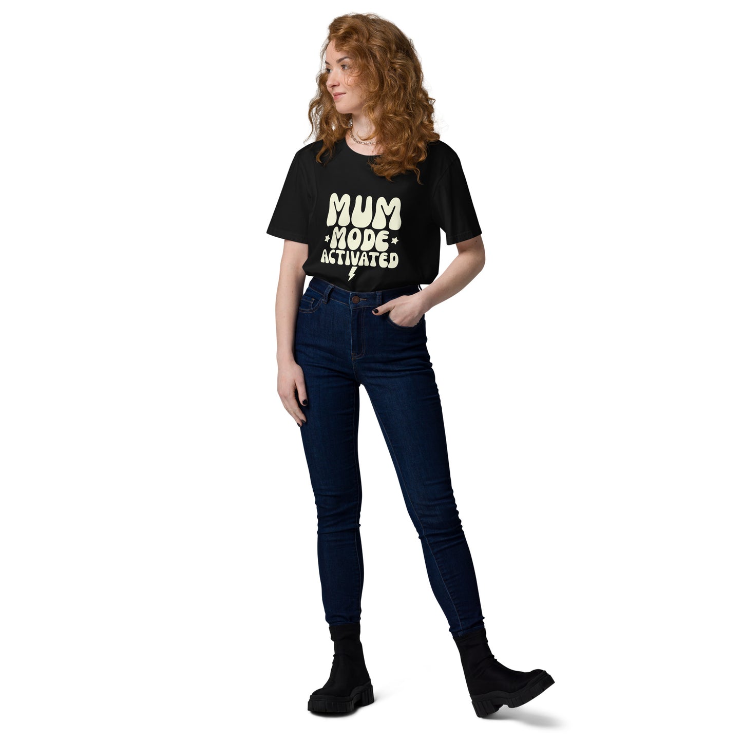 A woman casually modeling the vintage style Black t-shirt with the MUM MODE ACTIVATED graphic."