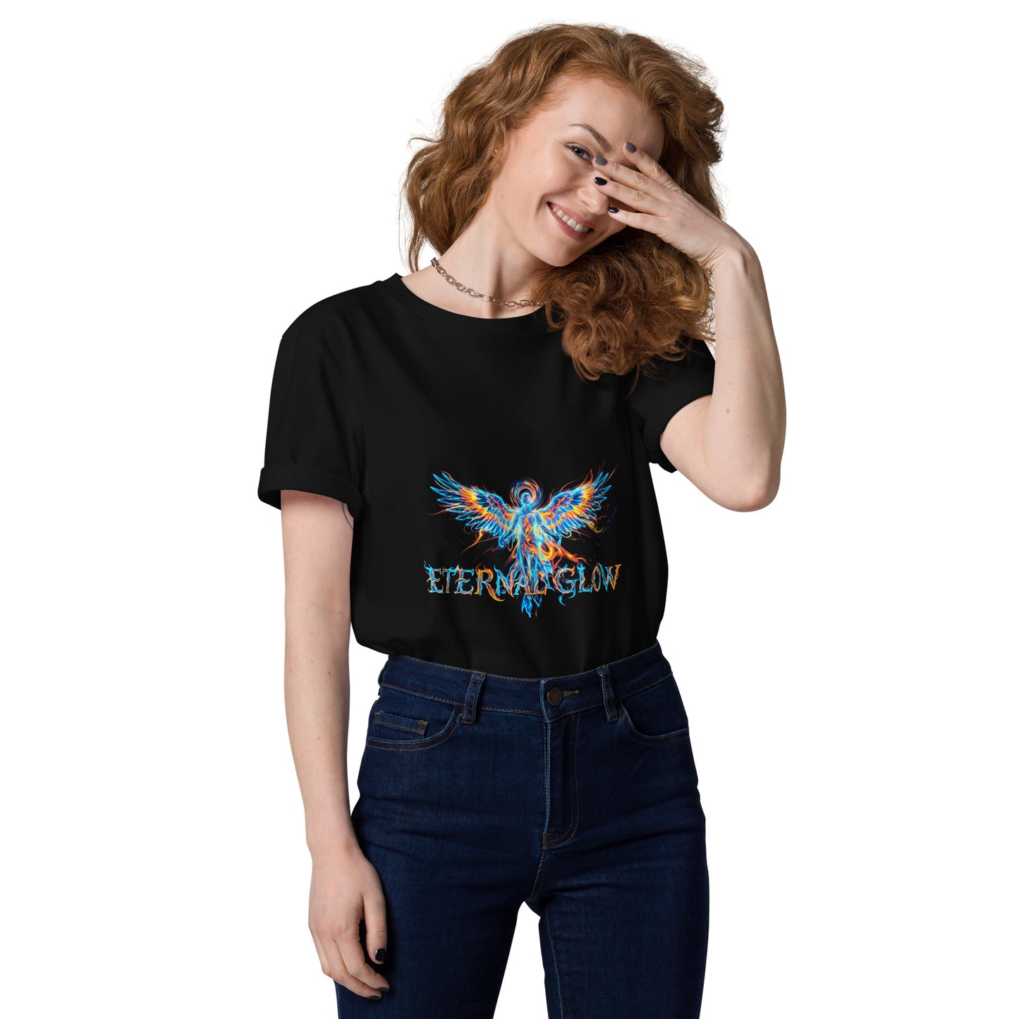 Female model wearing the Eternal Glow organic cotton t-shirt, front view. black