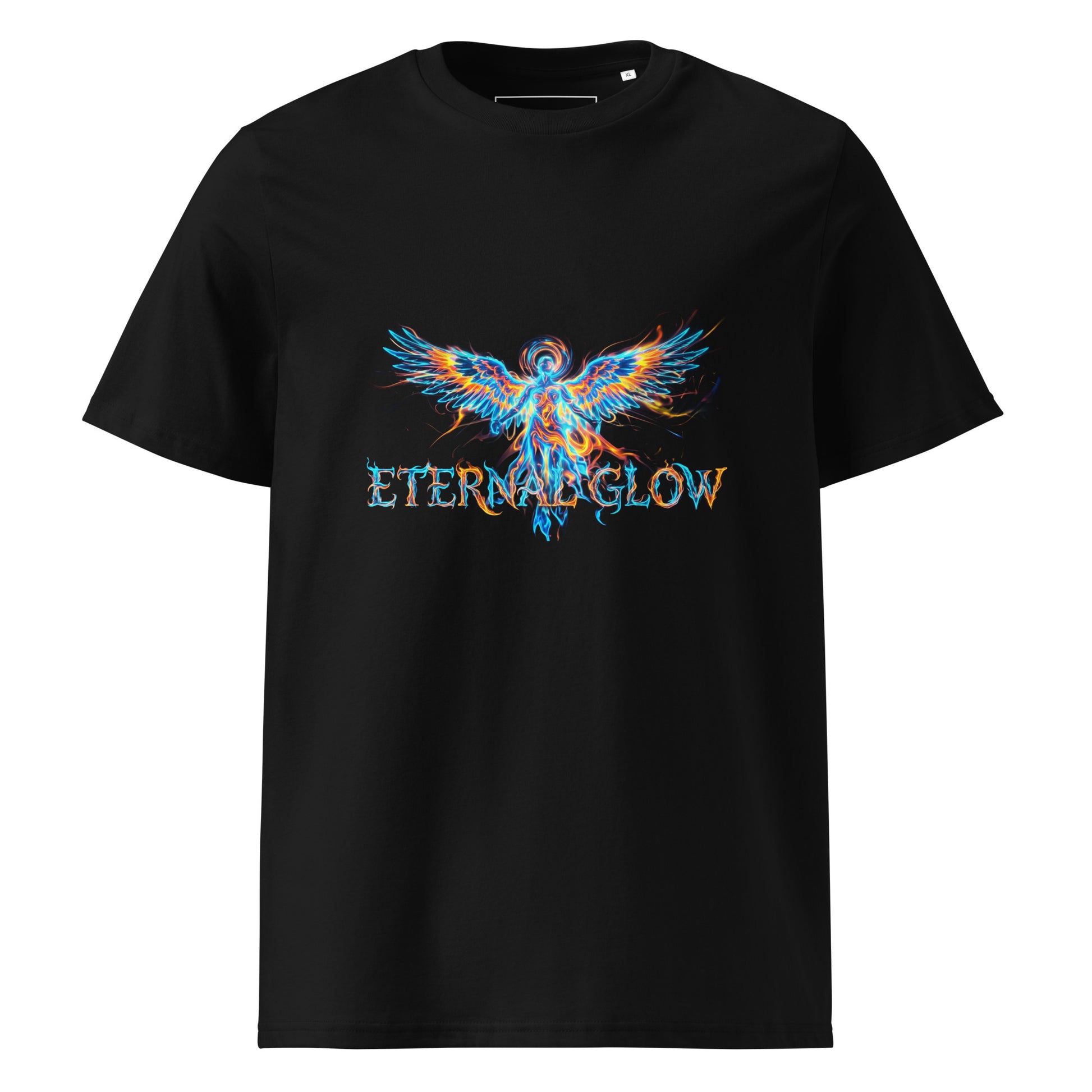 Flat lay front view of the Eternal Glow organic cotton t-shirt. black
