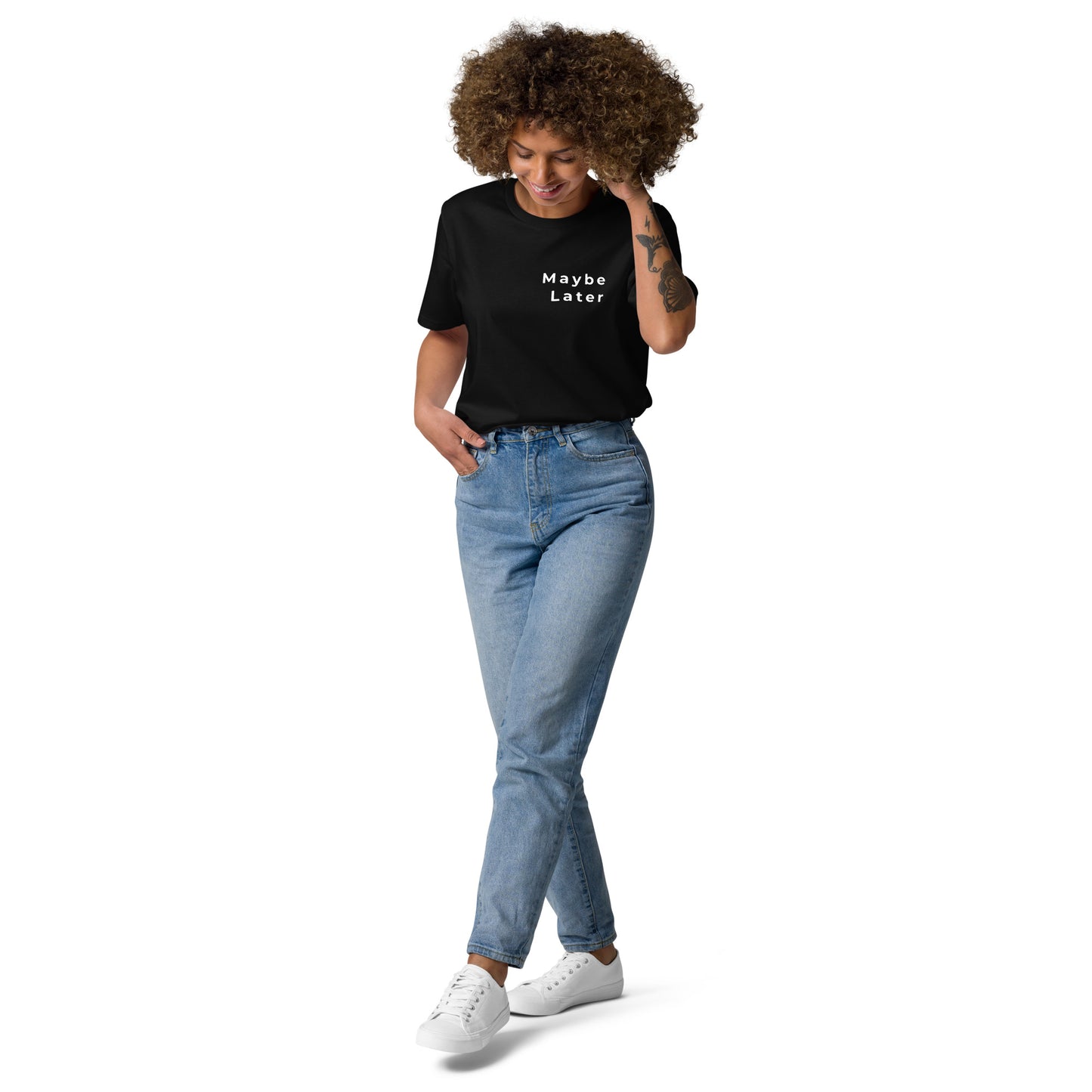 Front view of a female model wearing the Maybe Later eco-friendly t-shirt. black