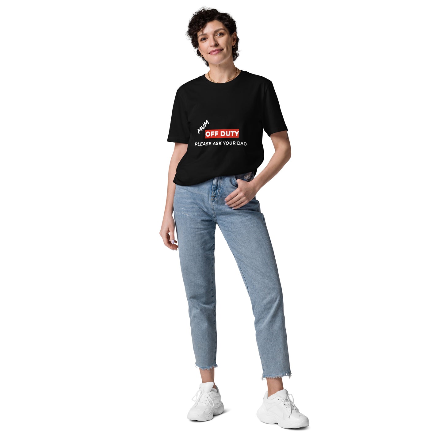 Complete view of a female model wearing the eco-friendly Mum Off Duty t-shirt. black