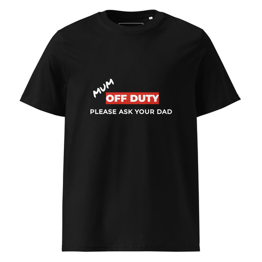 Flat lay front view of the Mum Off Duty organic cotton t-shirt. black