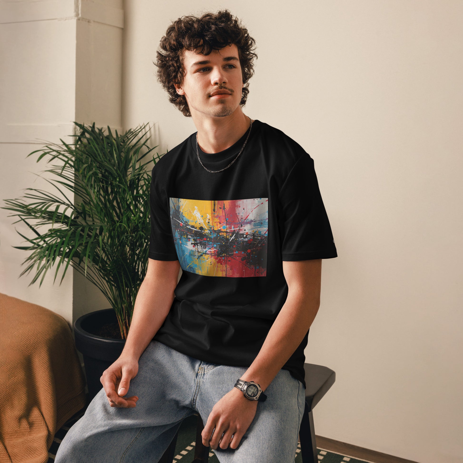 Male model lifestyle wearing the eco-friendly City Pulse graphic t-shirt. black