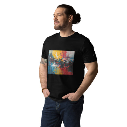 Male model wearing the City Pulse organic cotton t-shirt, front view. black