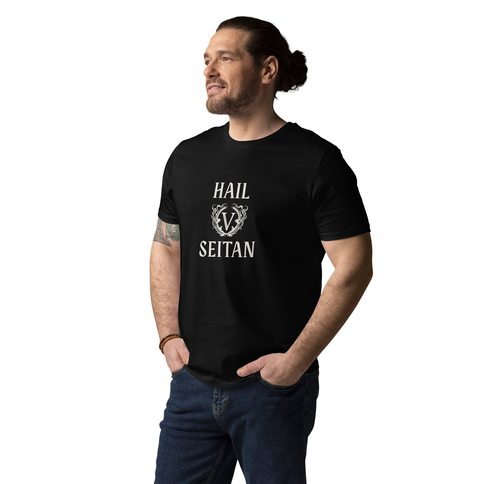 Male model wearing a black organic cotton Hail Seitan t-shirt with an ivory gothic graphic, styling a dark vegan streetwear look.