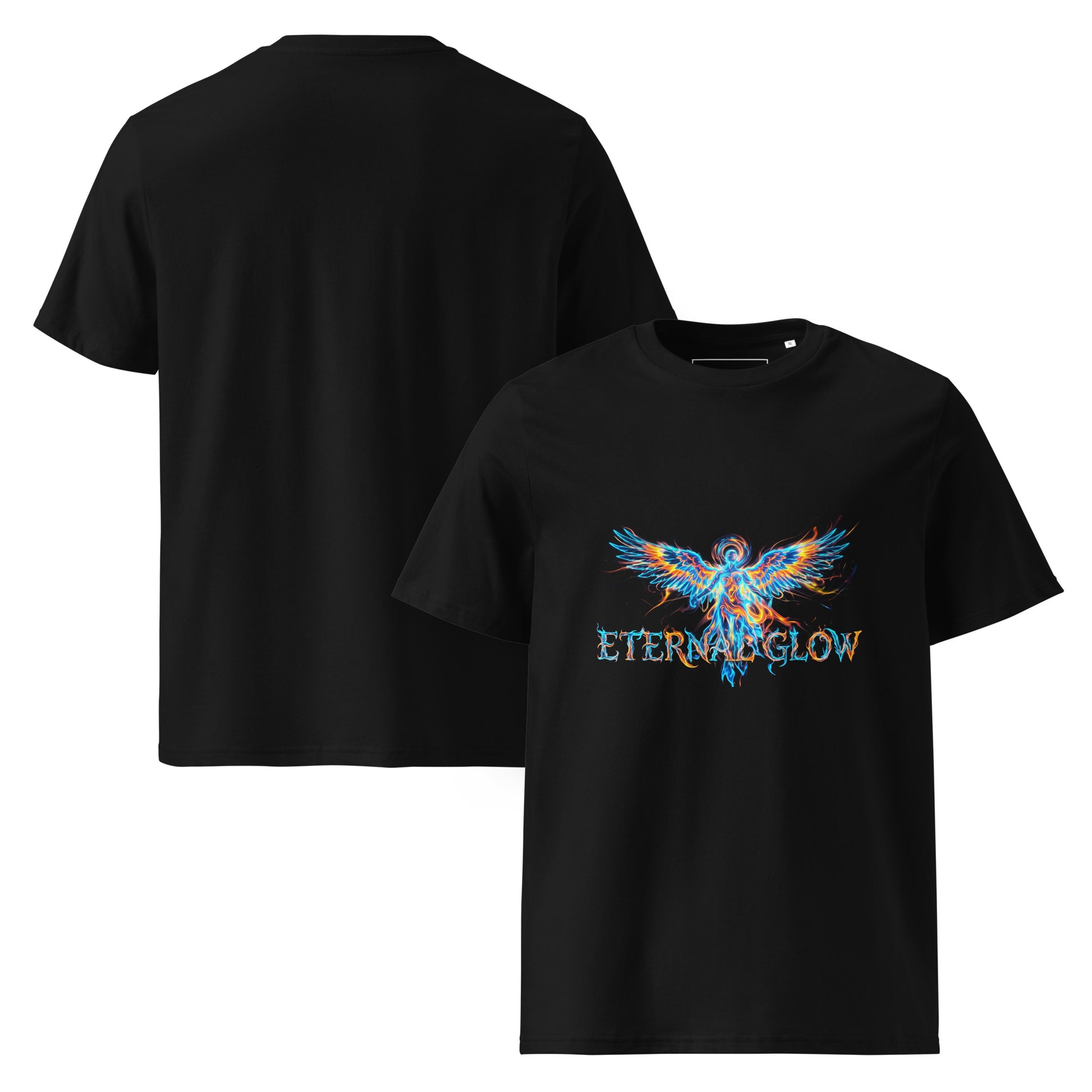 Front and Back view of the Eternal Glow organic cotton t-shirt. black