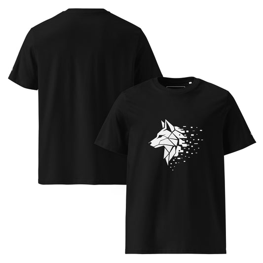 Front and Back view of premium organic Polygonal Wolf  cotton t-shirt 