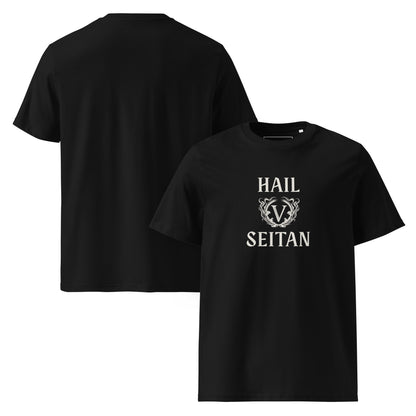 Front and Back view of the black Hail Seitan t-shirt by That Green Store, an organic cotton tee with an ivory gothic vegan graphic.